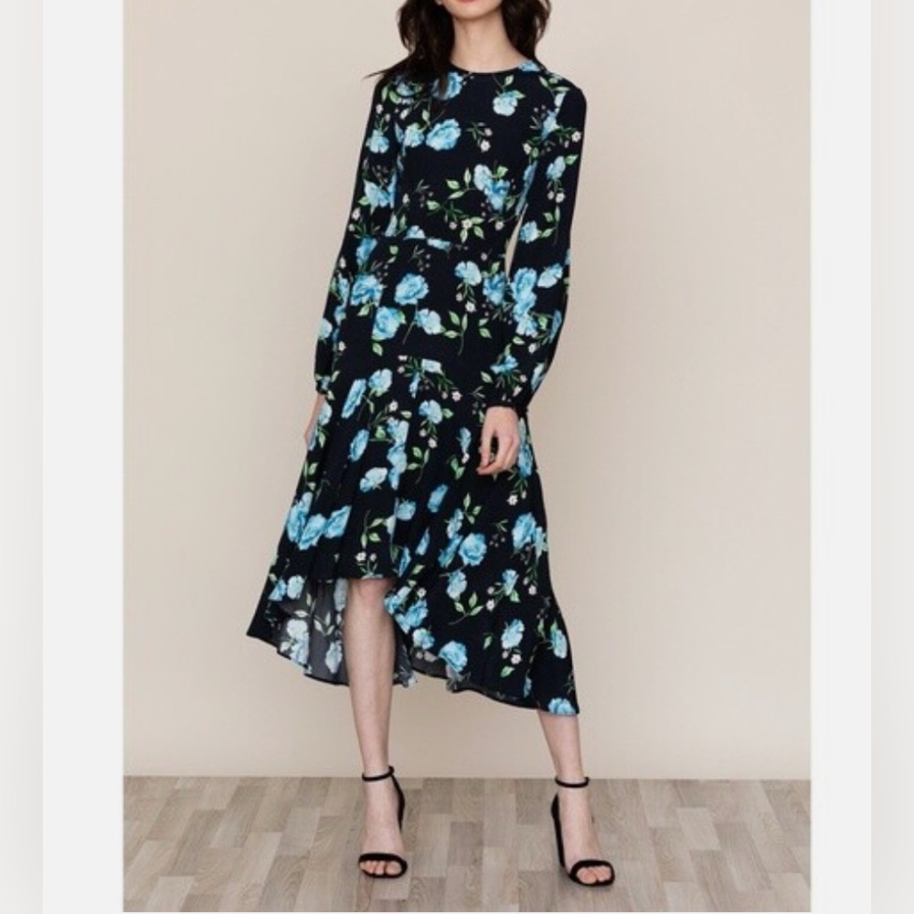 Yumi Kim | Blue Floral High-Low Dress with Bishop Sleeves
